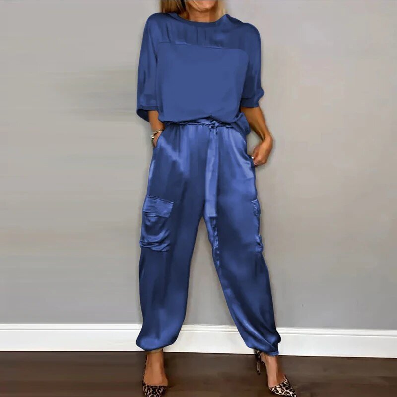 Women's Cargo Two Piece Set Drawstring Pants - Relaxed Utility - Blue