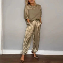 Women's Cargo Two Piece Set Drawstring Pants - Relaxed Utility - Gold
