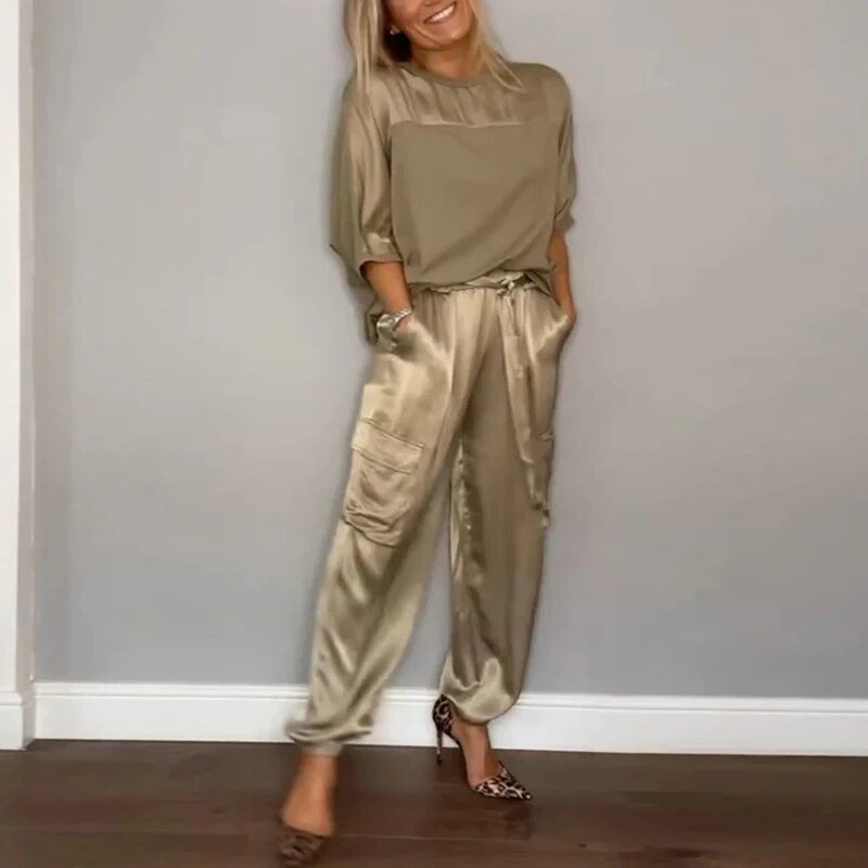 Women's Cargo Two Piece Set Drawstring Pants - Relaxed Utility - Gold