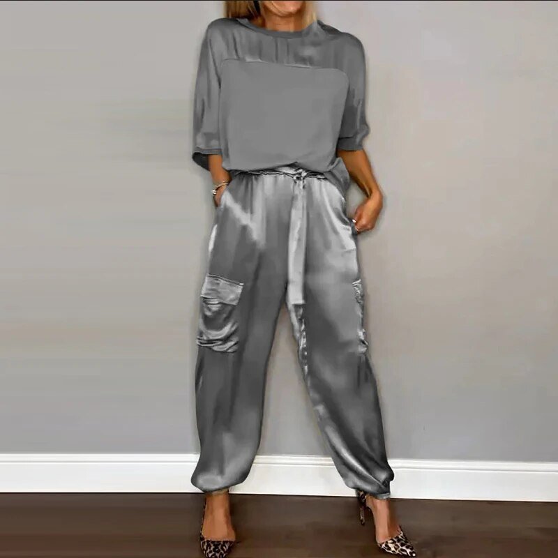 Women's Cargo Two Piece Set Drawstring Pants - Relaxed Utility - Grey