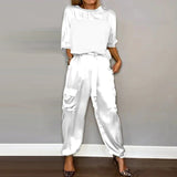 Women's Cargo Two Piece Set Drawstring Pants - Relaxed Utility - White