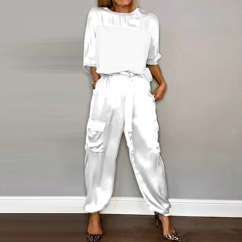 Women's Cargo Two Piece Set Drawstring Pants - Relaxed Utility - White