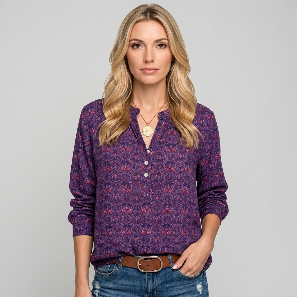 Women's Casual Blouse | Printed V-Neck | Autumn - Purple