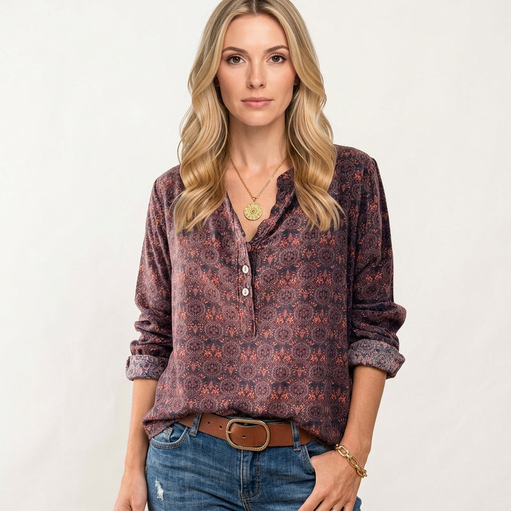 Women's Casual Blouse | Printed V-Neck | Autumn - Red