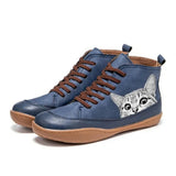 Women's Cat Print Lace-Up Ankle Boots - Black & White Graphic | Autumn - Blue