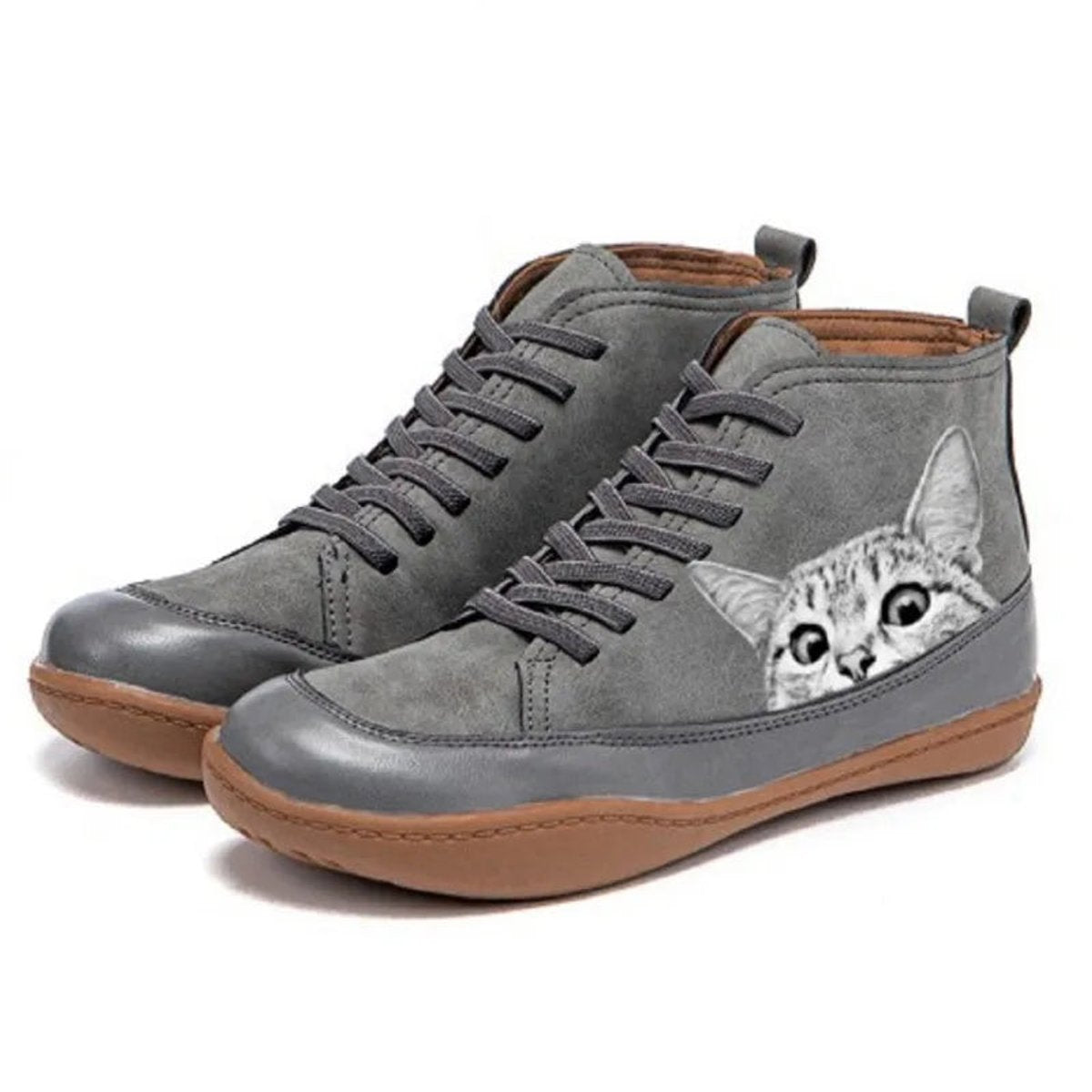 Women's Cat Print Lace-Up Ankle Boots - Black & White Graphic | Autumn - Gray