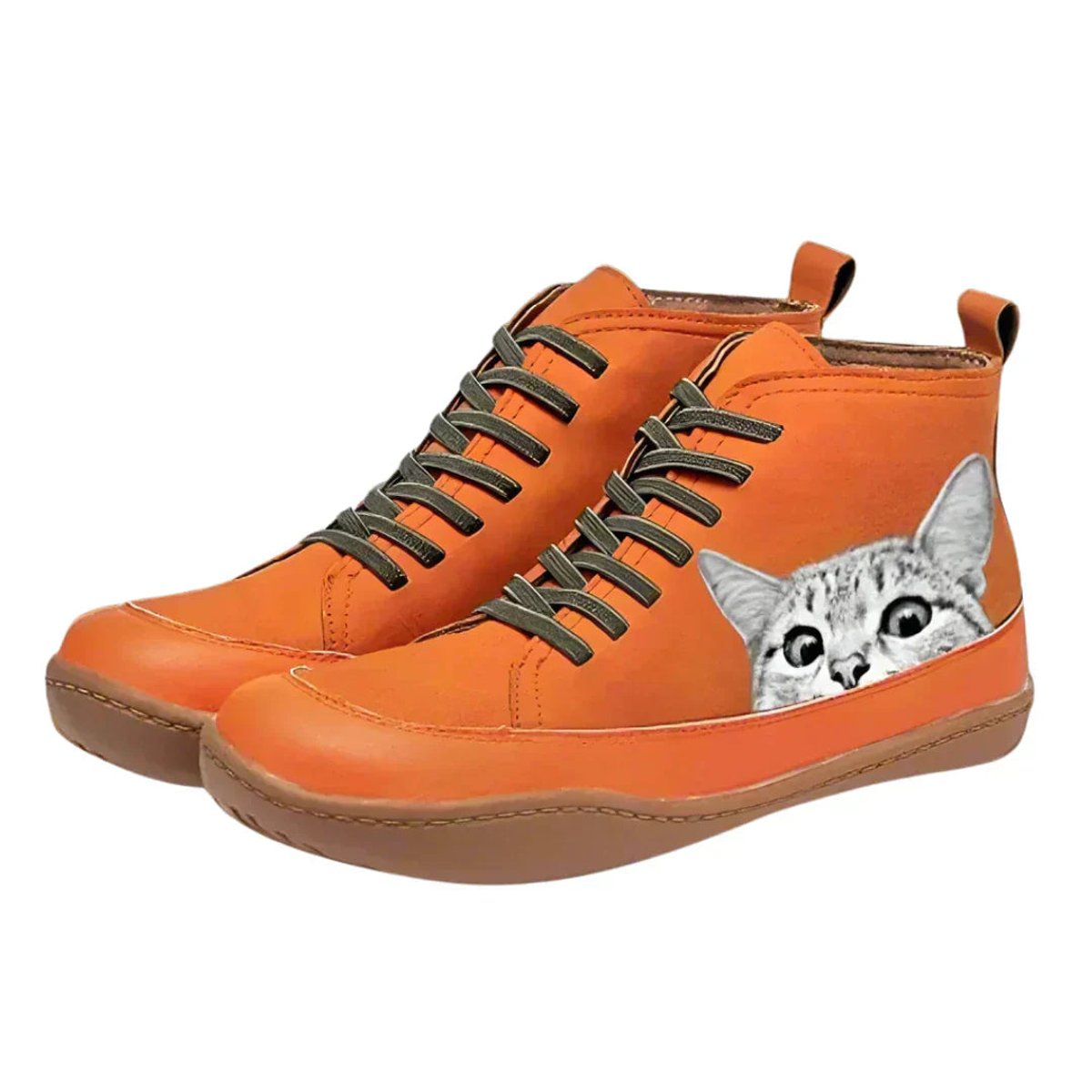 Women's Cat Print Lace-Up Ankle Boots - Black & White Graphic | Autumn - Orange