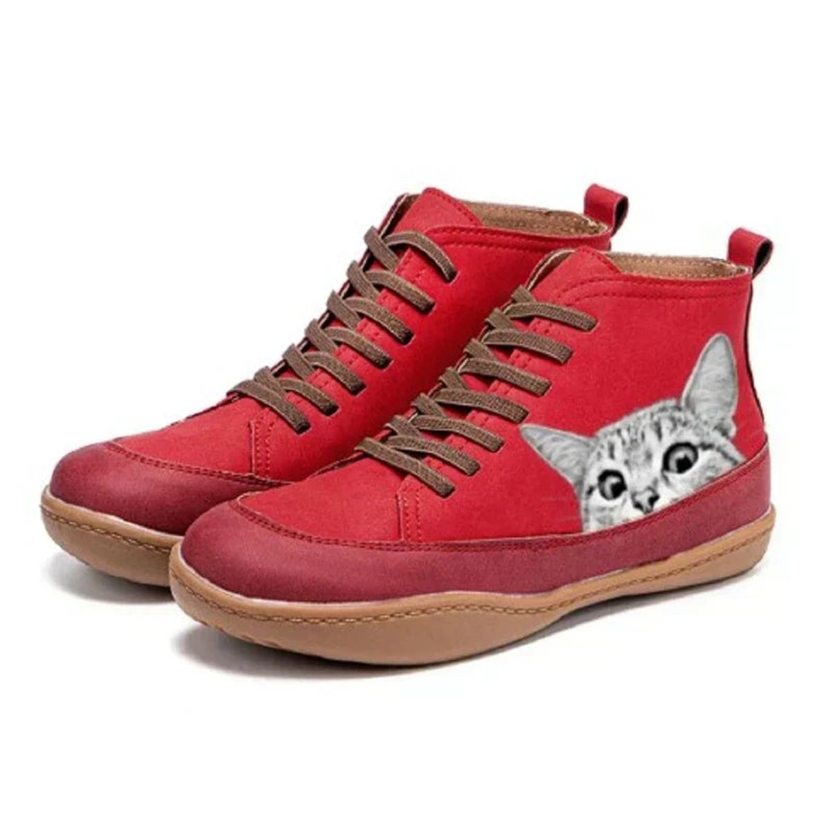 Women's Cat Print Lace-Up Ankle Boots - Black & White Graphic | Autumn - Red