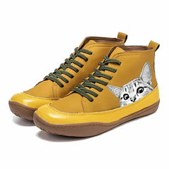 Women's Cat Print Lace-Up Ankle Boots - Black & White Graphic | Autumn - Yellow