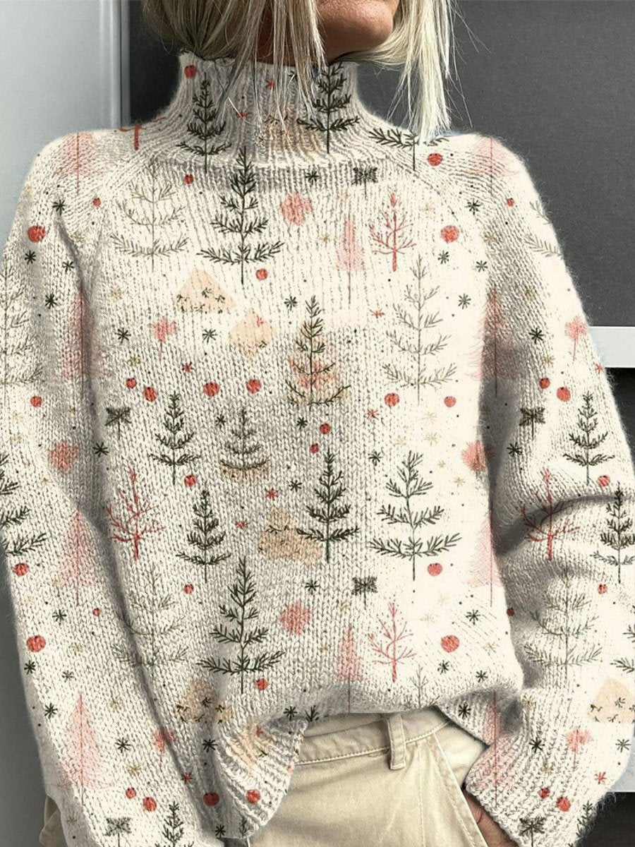 Women's Christmas Tree Print Relaxed-Fit Turtleneck Sweater | Autumn - Multicolor