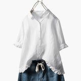 Women's Classic Collar Blouse | Gathered Sleeve Cuffs | Summer - White