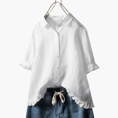 Women's Classic Collar Blouse | Gathered Sleeve Cuffs | Summer - White