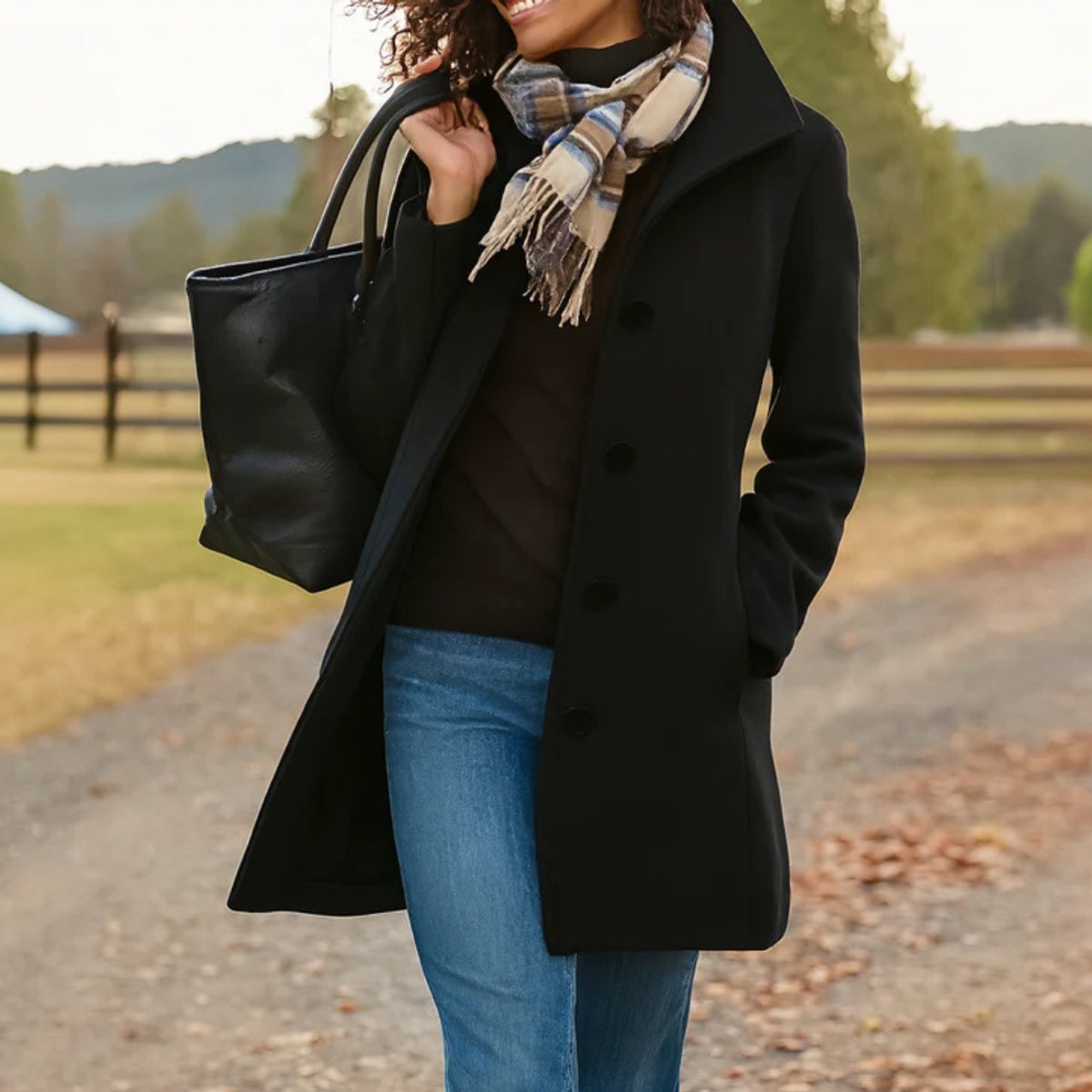 Women's Classic Mid-Length Single-Breasted Wool-Blend Coat | Autumn - Black