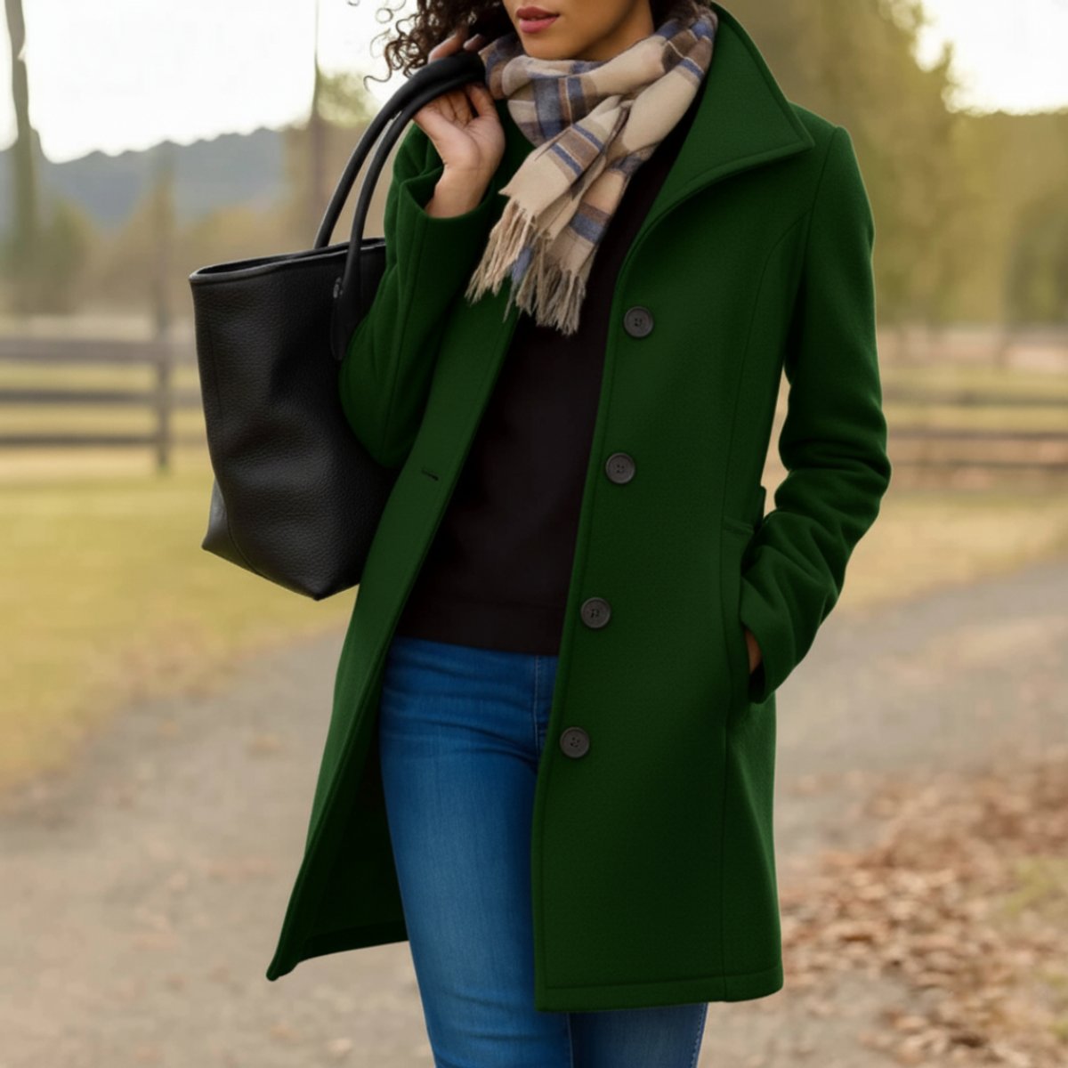 Women's Classic Mid-Length Single-Breasted Wool-Blend Coat | Autumn - Dark Green