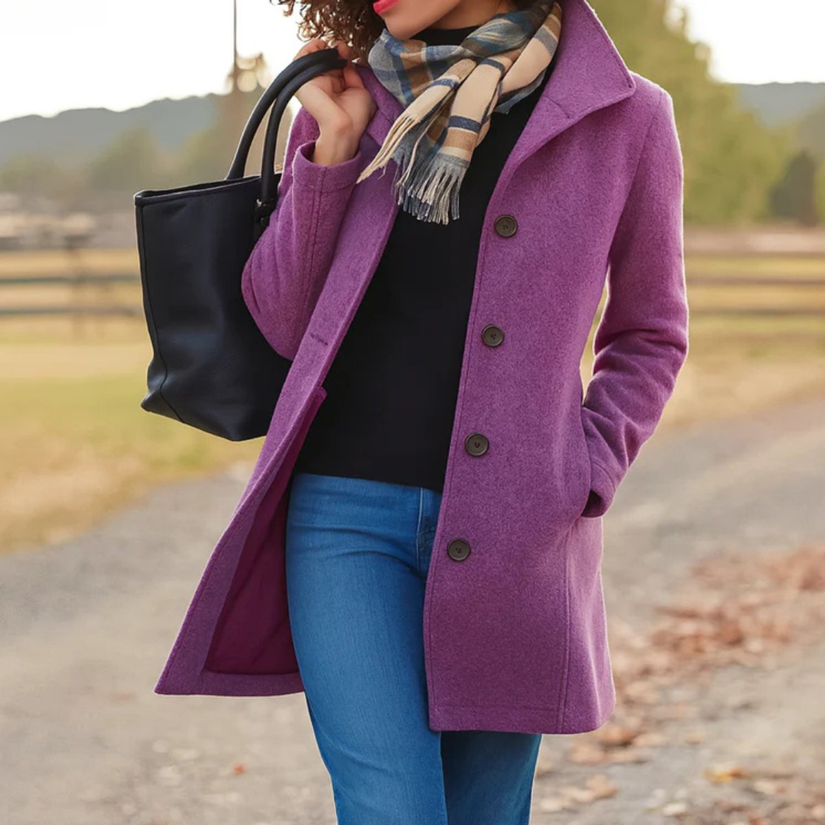 Women's Classic Mid-Length Single-Breasted Wool-Blend Coat | Autumn - Purple