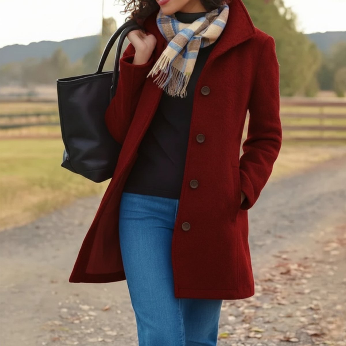 Women's Classic Mid-Length Single-Breasted Wool-Blend Coat | Autumn - Red