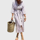 Women's Classic Striped Dress - Timeless Relaxed Fit | Summer - Grey