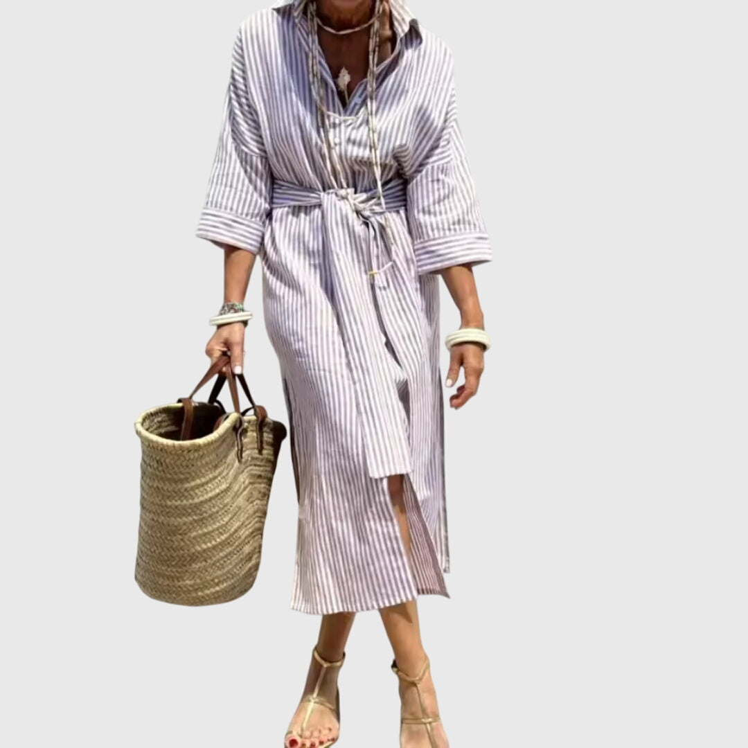 Women's Classic Striped Dress - Timeless Relaxed Fit | Summer - Grey