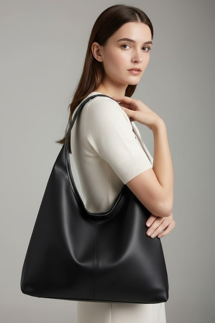 Women's Classic Tote Bag with Faux Leather - Spacious Daily Carry - Black
