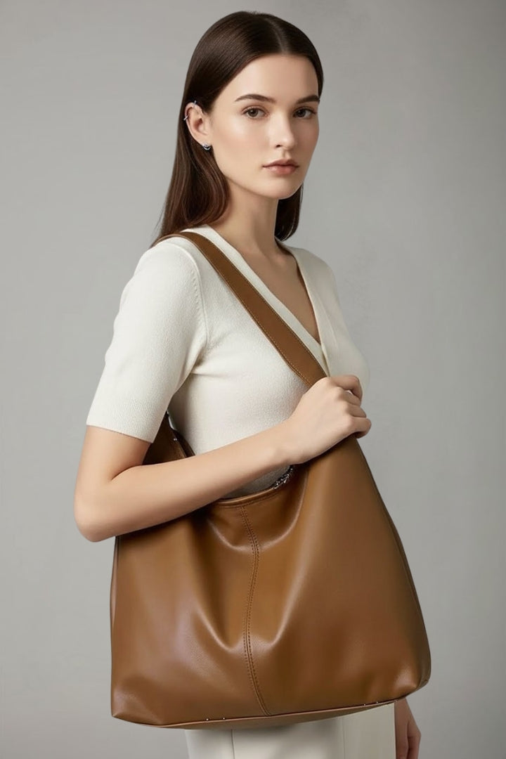 Women's Classic Tote Bag with Faux Leather - Spacious Daily Carry - Brown