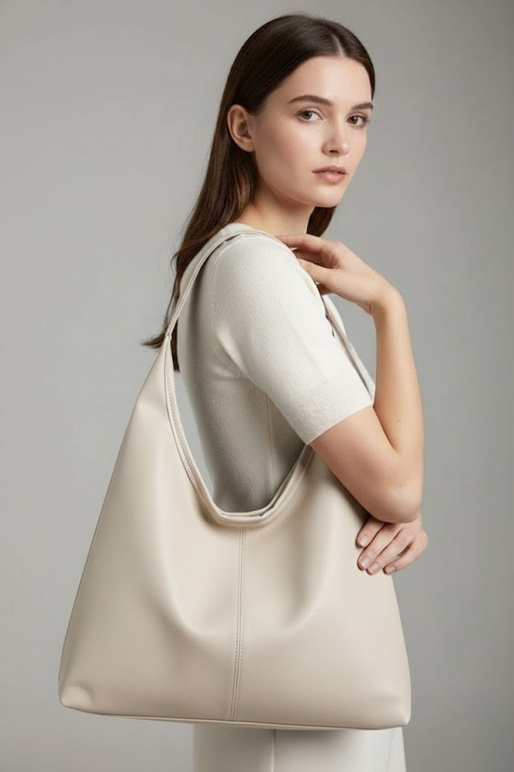 Women's Classic Tote Bag with Faux Leather - Spacious Daily Carry - White