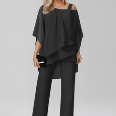 Women's Cold-Shoulder Wide-Leg Jumpsuit - Flowing Elegance | Autumn - Black