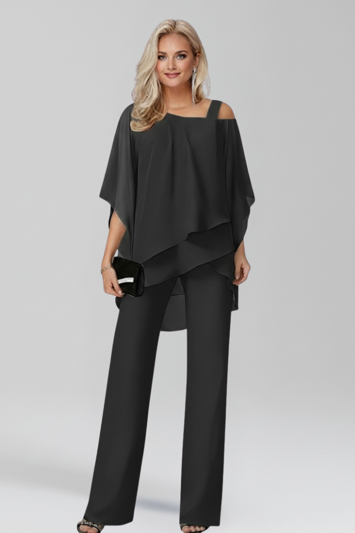 Women's Cold-Shoulder Wide-Leg Jumpsuit - Flowing Elegance | Autumn - Black