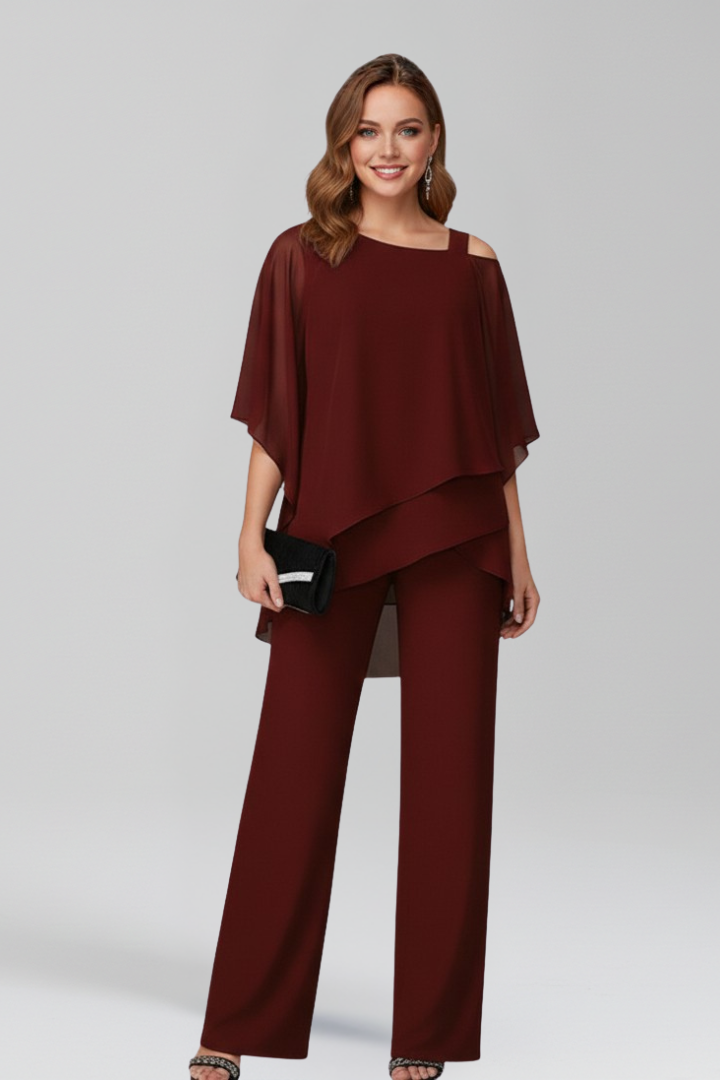 Women's Cold-Shoulder Wide-Leg Jumpsuit - Flowing Elegance | Autumn - Burgundy