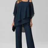 Women's Cold-Shoulder Wide-Leg Jumpsuit - Flowing Elegance | Autumn - Navy