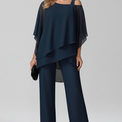 Women's Cold-Shoulder Wide-Leg Jumpsuit - Flowing Elegance | Autumn - Navy
