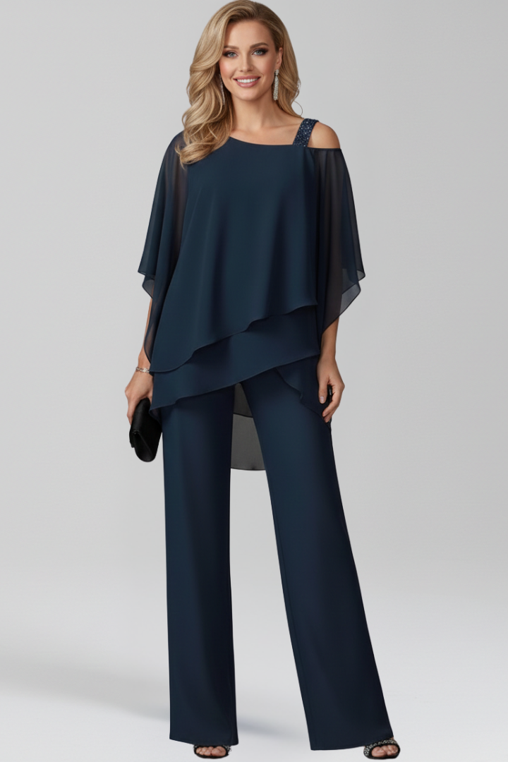 Women's Cold-Shoulder Wide-Leg Jumpsuit - Flowing Elegance | Autumn - Navy