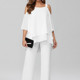 Women's Cold-Shoulder Wide-Leg Jumpsuit - Flowing Elegance | Autumn - White