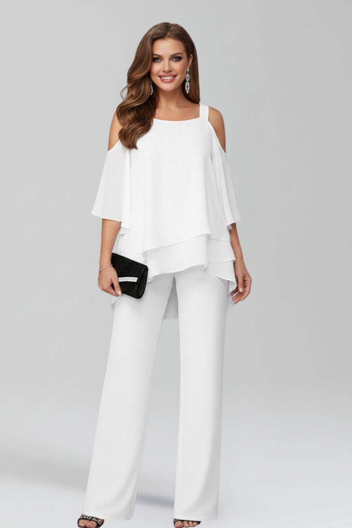 Women's Cold-Shoulder Wide-Leg Jumpsuit - Flowing Elegance | Autumn - White