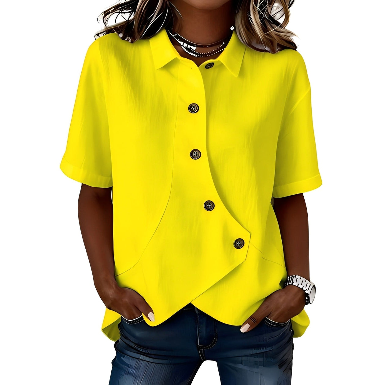 Women's Collared Button Blouse - Casual Everyday Shirt | Spring - Yellow