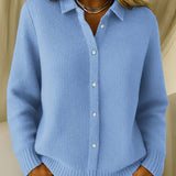 Women's Collared Button-Down Cardigan - Textured Knit | Autumn - Blue