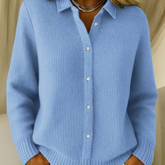Women's Collared Button-Down Cardigan - Textured Knit | Autumn - Blue
