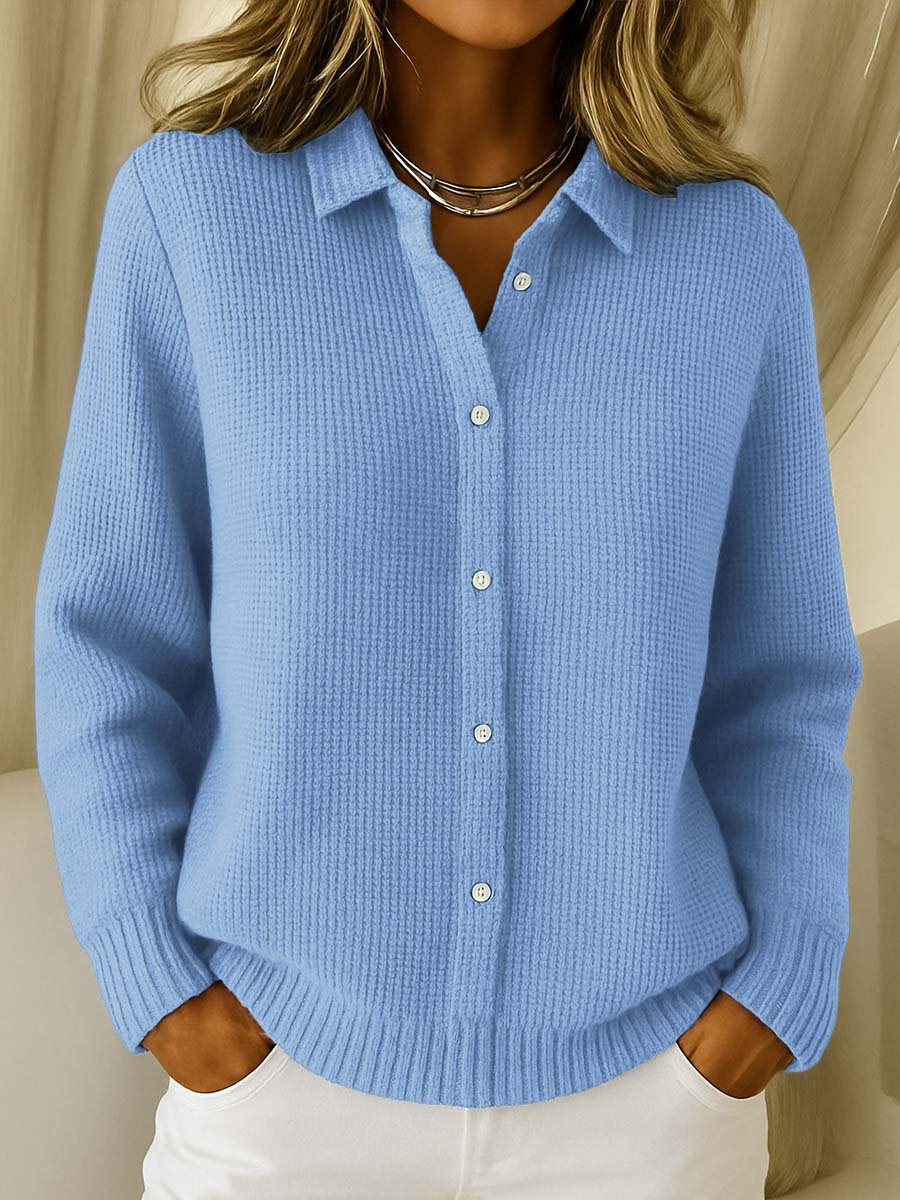 Women's Collared Button-Down Cardigan - Textured Knit | Autumn - Blue