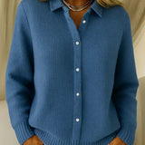 Women's Collared Button-Down Cardigan - Textured Knit | Autumn - Dark Blue