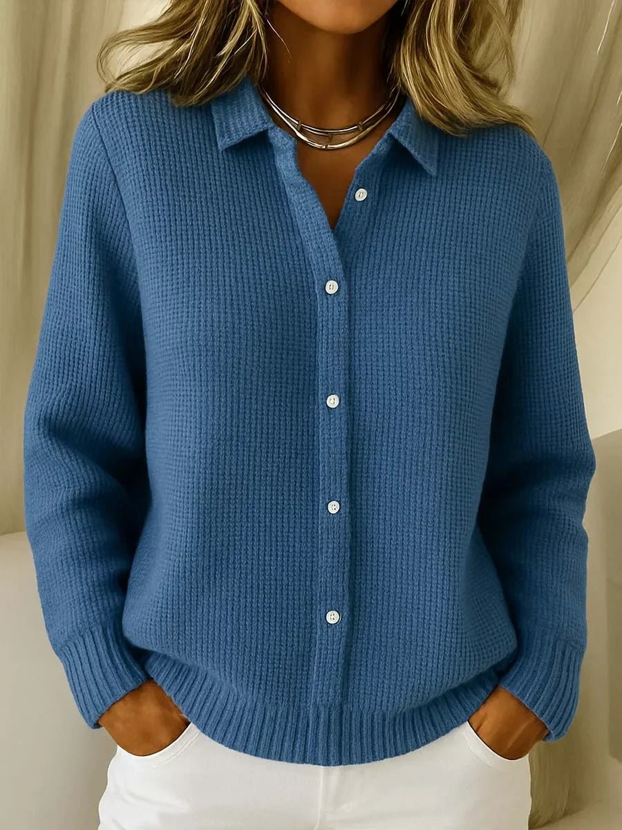 Women's Collared Button-Down Cardigan - Textured Knit | Autumn - Dark Blue