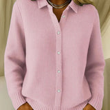 Women's Collared Button-Down Cardigan - Textured Knit | Autumn - Pink
