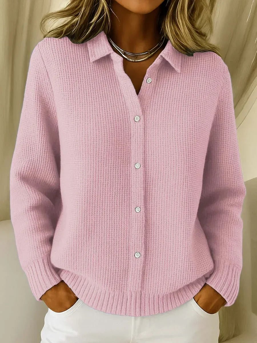 Women's Collared Button-Down Cardigan - Textured Knit | Autumn - Pink