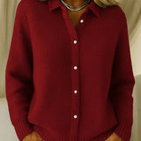 Women's Collared Button-Down Cardigan - Textured Knit | Autumn - Wine Red
