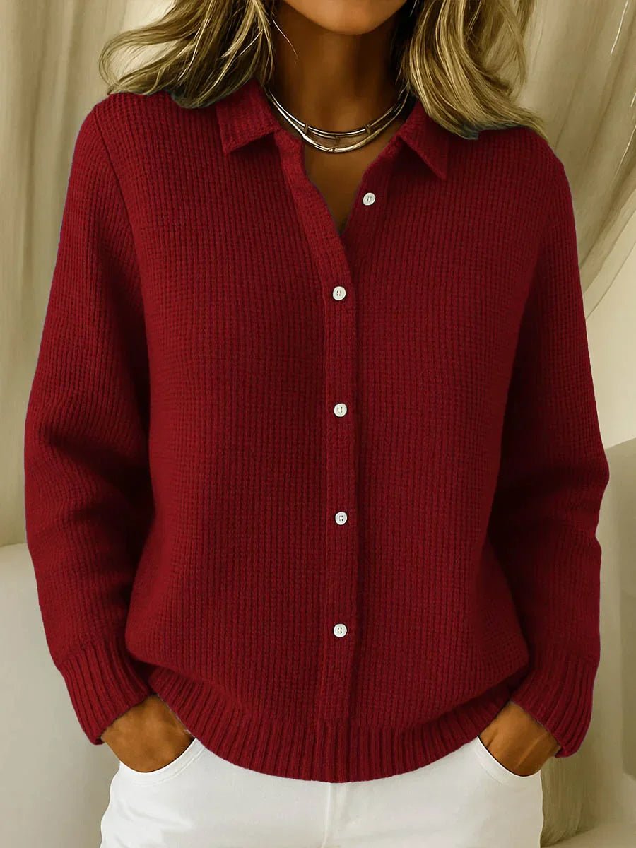 Women's Collared Button-Down Cardigan - Textured Knit | Autumn - Wine Red
