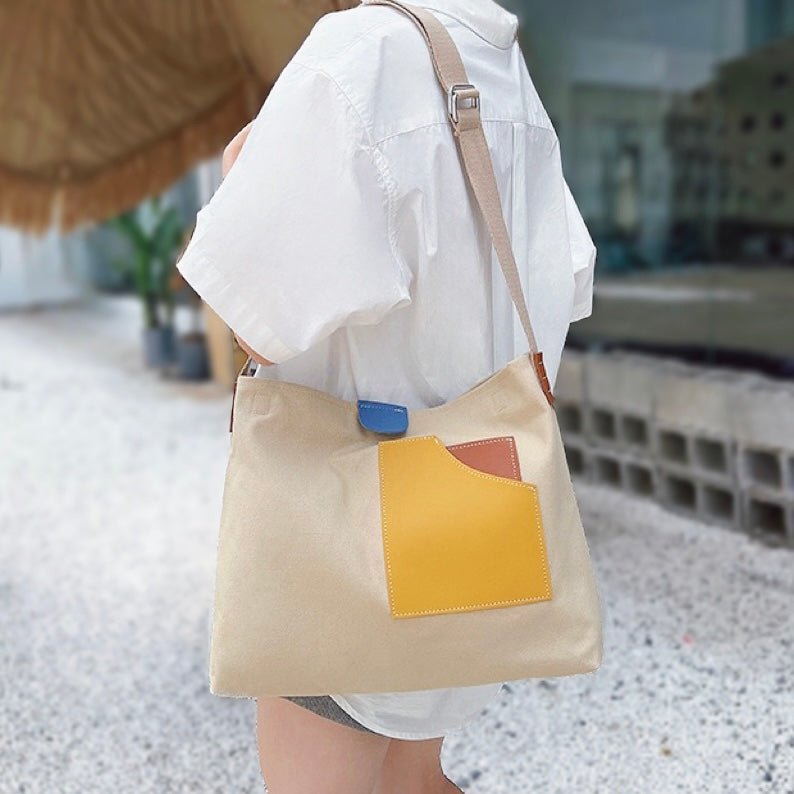 Women's Color Block Canvas Tote Bag - Everyday Shoulder Bag | Summer - Beige