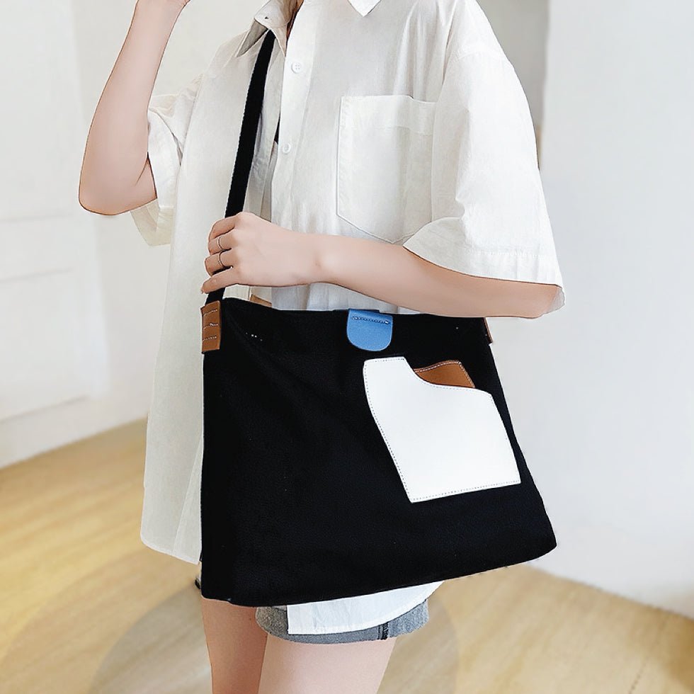 Women's Color Block Canvas Tote Bag - Everyday Shoulder Bag | Summer - Black