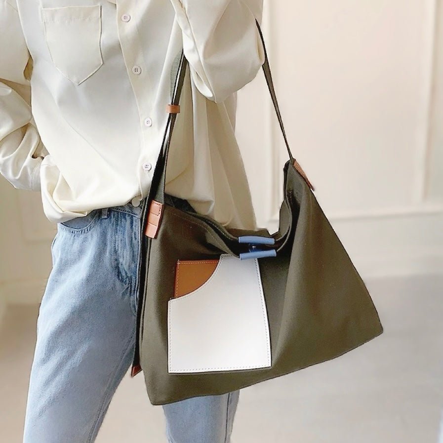 Women's Color Block Canvas Tote Bag - Everyday Shoulder Bag | Summer - Green