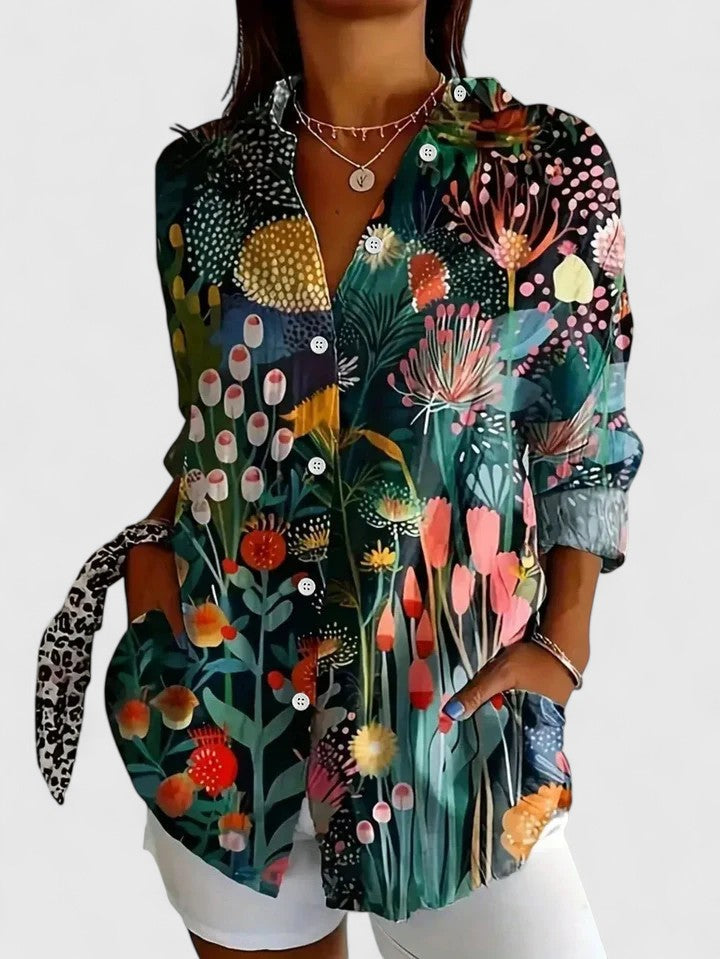Women's Colorful Print Blouse - Versatile Everyday Style | Spring - Green