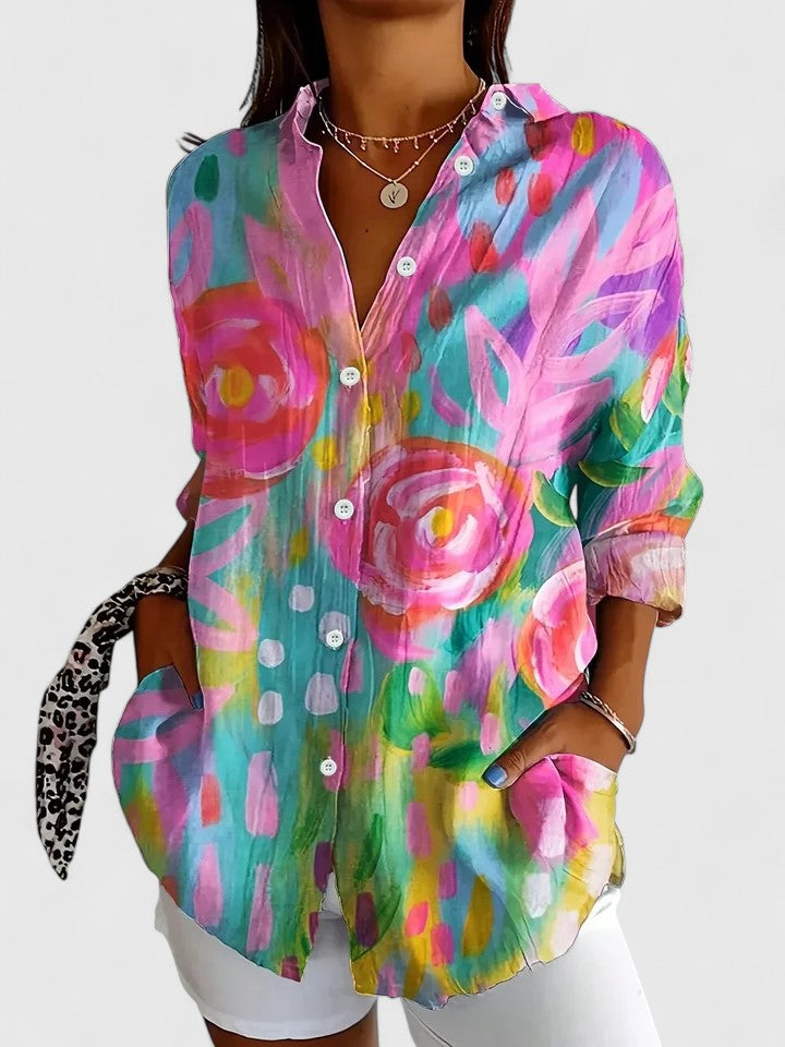 Women's Colorful Print Blouse - Versatile Everyday Style | Spring - Pink