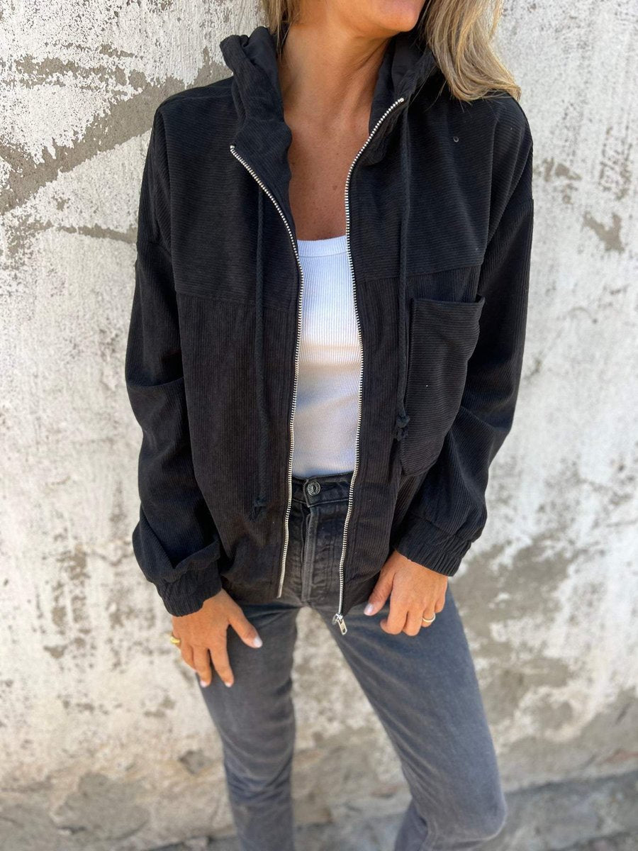 Women's Corduroy Hooded Jacket - Oversized Quilted Zip-Up | Spring - Black