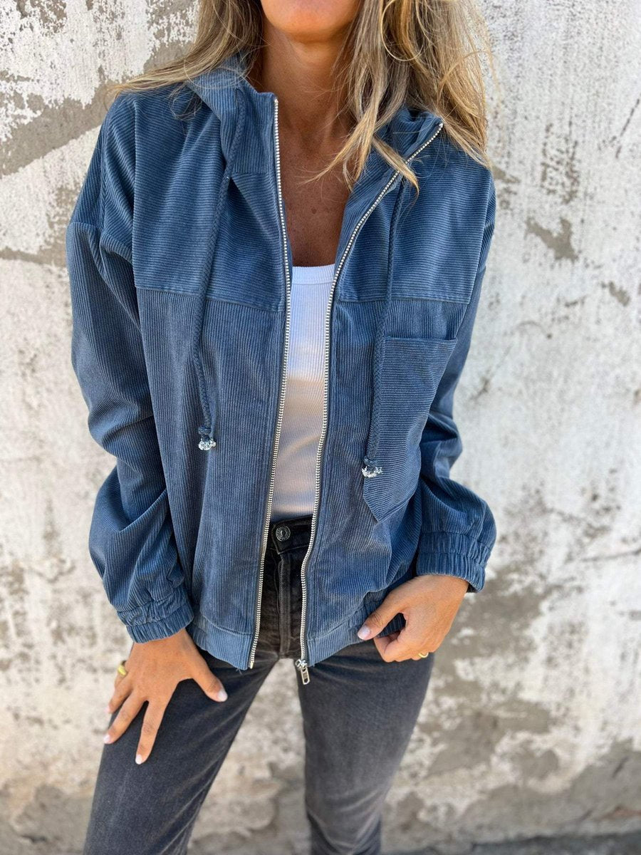 Women's Corduroy Hooded Jacket - Oversized Quilted Zip-Up | Spring - Blue